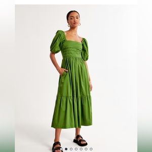 Abercrombie Emerson Poplin Puff Sleeve Midi Dress in Green